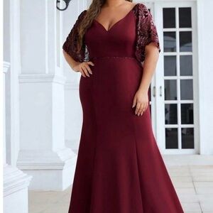 Ever Pretty Burgundy Gown with Lace Overlay